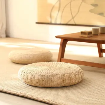 1 бр. натурална слама кръгла възглавница Татами за йога, медитация, подовите възглавници са ръчно изработени, подови възглавници в японски стил, интериор за възглавници, Подложка за сядане Изображение