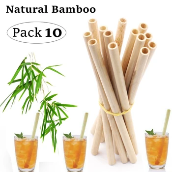 10 бр. Естествен бамбук соломинка 20 см, за Многократна употреба сламки за пиене с почистването с четка, екологични бамбукови сламки за коктейли, аксесоар за бар Изображение