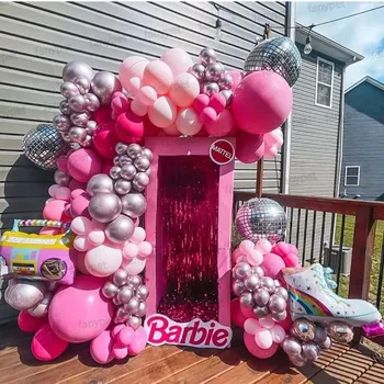 139 бр. ярко-розова венец от балони, арка, радио ролкови кънки, балони от фолио за дискотека, украса за сватба, рожден ден, парти за момичета Изображение