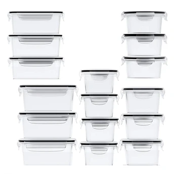 16 херметически затворени съдове за съхраняване на продукти с капаци (16 контейнери и 16 капаци) Пластмасови съдове за приготвяне на храна Изображение