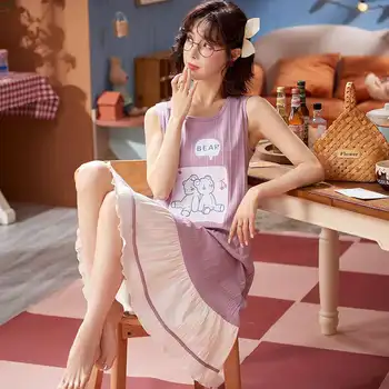 2021 Нови нощни ризи Дамски летни свободни, красиви, Кавайные, всекидневни, в корейски стил, женски, с дължина до коляното, с кръгло деколте, с принтом, без ръкави, пижами Изображение