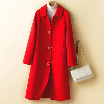 2023 в Есенно-зимната мода Свободна дълга двустранен кашмир вълна сако, дамско палто, Однотонное вълна палто с дълъг ръкав, женски Изображение