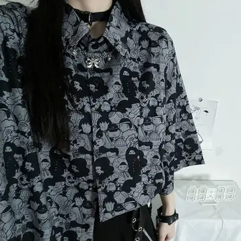 2023 Летни Нови корейски Ризи Ins Harajuku в тъмно-готически стил с анимационни Принтом, Свободни Ризи, Дамски Блуза с къс ръкав, Ежедневни Camisa Feminina Изображение