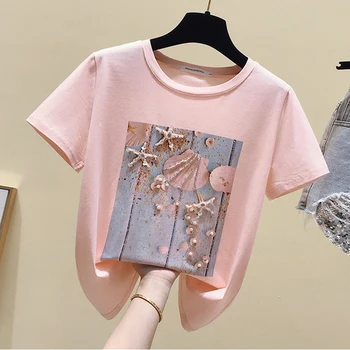 2023 Лятна розово-бяла тениска, дамски блузи, корейски дрехи, ежедневни тениска с кръгло деколте и къс ръкав, лилаво, мъниста, пайети, диаманти, дамска тениска Изображение