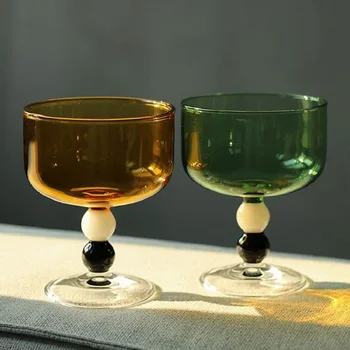 250 мл Чаша на къса дръжка в Контрастен цвят, топлоустойчиви чаши за вино, чаша, кехлибар и зелен, сив, черно стъкло чаша, 1 бр. Изображение