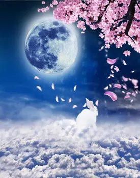 5x7ft Луната Розови цветя Бял Заек снимки на декори, реквизит за снимки студиен фон Изображение
