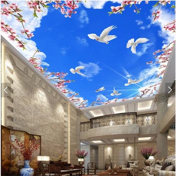 beibehang Потребителски тапети 3D фотообои гълъб цветя, синьо небе таван стенописи от хол и спалня на тавана, 3d дизайн на тапети Изображение