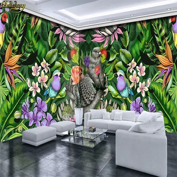 beibehang Тапети по поръчка голяма фреска ръчно рисувани тропическо растение, птица карикатура на американски стил стенни тапети papel de parede Изображение