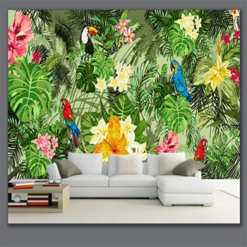 beibehangCustom мащабна, с висока разделителна способност, красив, ръчно декориран папагал, растение от тропическите гори, мультяшные фонови картинки Изображение