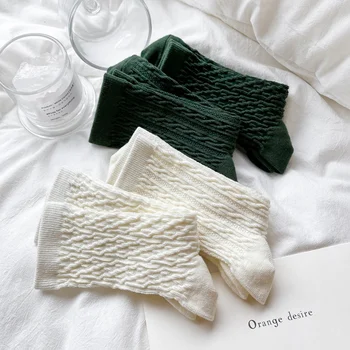 CHAOZHU 4 двойки от Женски памучни Млечно-бели зелени Чорапи с изпъкнала Твистом, комплект от Чорапи, пролет-лято, дишащи, Високо Качество Изображение