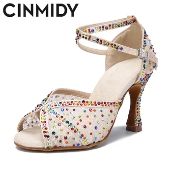 CINMIDY/ многоцветни кристали, обувки за латино танци, мрежести обувки за танци балната зала на висок ток за момичета, дамски обувки за партита на закрито Изображение