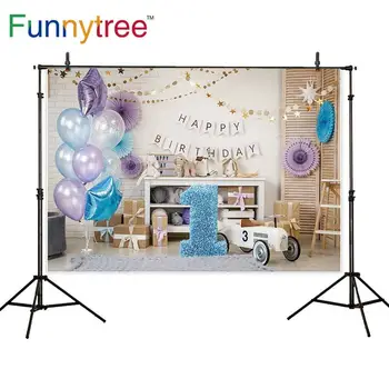 Funnytree 1st birthday background снимка син торта с въздушно топка детски фотозвонок фотофон фотозона фон за фото студио Изображение