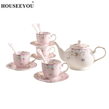 HOUSEEYOU Комплекти чаени чаши-блюдец от британския костен порцелан с цветен модел, лъжица и гърненце за домашния офис, ресторант, следобедно кафе Изображение