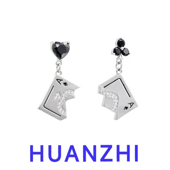 HUANZHI, модни черни карти за игра, асиметрични метални обеци-капки с цирконием за жени, луксозни и Елегантни обеци, подарък за парти, бижута Изображение