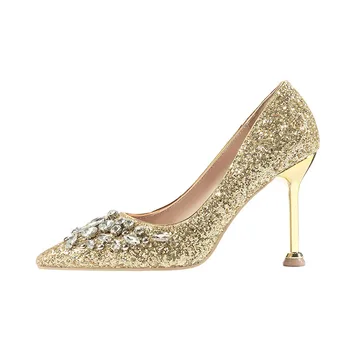 HUAXI BCEBYL/ летни нови модни дамски обувки на висок ток, чубрица фини обувки с остри пръсти, с переливающимися кристали и пайети, темпераментен дамски обувки 2023 Изображение