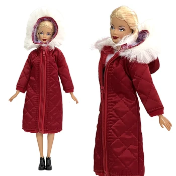 NK 1X Принцеса Червен Модерен зимни топли дрехи, дълга козина, памучен яке, Паркове с цип, рокля за Барби, аксесоари, подарък за кукли, подарък за момичета Изображение