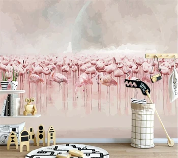 wellyu индивидуални 3D тапети на стенописите скандинавски ръчно рисувани фламинго фон рисувани стенни тапети за стените, 3 d tapety Изображение