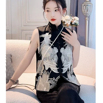 Висококачествен Годишният модерен жилетка в китайски стил, нов однобортный женски жилетка с висока яка с бродерия във формата на цвете Финикс, S-XXL Изображение
