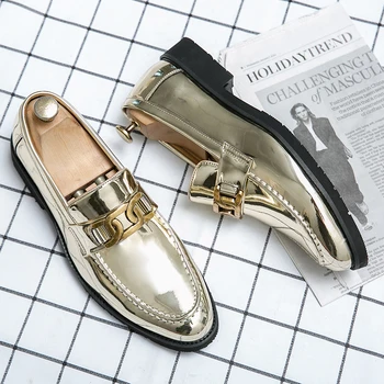 Висококачествени модни кожени обувки, новост 2023 година, луксозни мъжки oxfords за сватбен банкет от златна лачена кожа, мъжки обувки Изображение