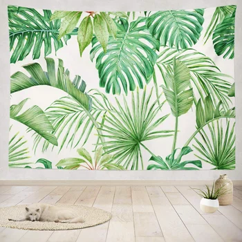 Гоблен със зелени листа, тропически Листа, Стенни акварели Палми, Гоблени за спални, хол, Монтиране на одеяло в общежитието, Плат Изображение