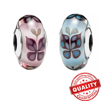 Гривна Pandora от Сребро 925 проба, розово целувка, пеперуда, стъклен чар, дамски сребърни бижута 