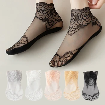 Дамски дантелени чорапи с високо качество, модерен памучни чорапи Vintag Cotton Сокс, прозрачни дамски къси чорапи с цветен модел за момичета, Директен доставка Изображение