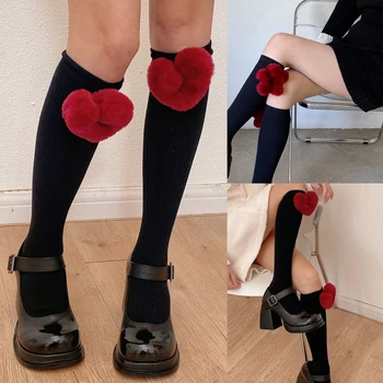 Дамски есенни чорапи до коляното в японски елегантен стил, реколта 3D, големи пухкави плюшени чорапи с флорални сърце, принцеса, теле Изображение