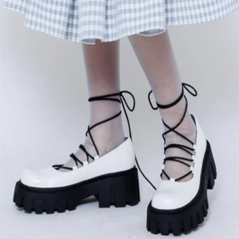 Дамски Обувки на платформа с кръгла пръсти, Тънки въжета, обувки-лодка Mary Janes на Висок Ток, Обувки с Отворени Пръсти, Япония, Harajuku Tacones Изображение
