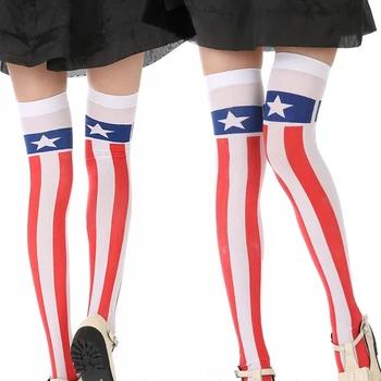 Дамски чорапи над коляното с принтом под формата на американското и звезди, високи чорапи до бедрото, Ден на независимостта, cosplay костюм Изображение