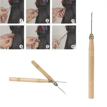 Директна доставка!!Дървена дръжка, игла за плетене на една перука, нитевдеватель за удължаване на косата, инструмент за плетене Изображение