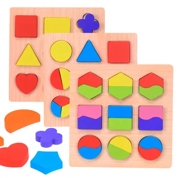 Дървени геометрични форми Пъзел Монтесори Сортиране на математически тухли Начална обучение Развитие на игра, Детски играчки за деца за деца Изображение