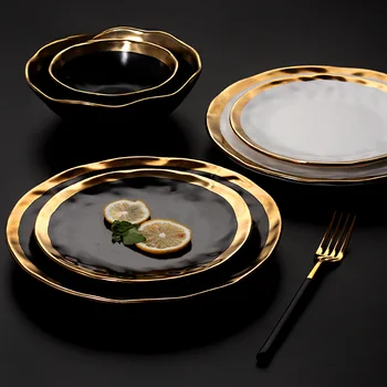 Европейската керамична чиния от черното злато, западна кухня, мат чинии със златен щрих, чинии за стек, паста, Творчески ретро-на салата Изображение
