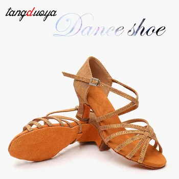 Женски обувки за латино танци подметка, благородна едро, танцови обувки за балната зала танго и салса 5,5/7 см, танцови обувки за момичета Изображение