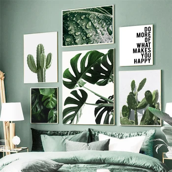 Зелени Листа от тропически растения, боядисване с кактусом, платно, стенно изкуство, свеж плакат и принт за модерният домашен интериор дневна Изображение