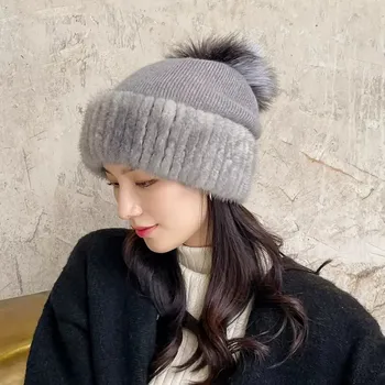 Зимна дебела шапка MS.MinShu, вязаная шапка от естествена кожа на норка, с кроличьим кожа, шапка с помпоном от лисьего кожа Изображение