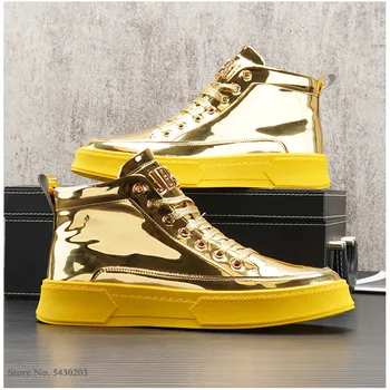 Златна модни мъжки обувки на равна подметка, маратонки в стил хип-хоп, високи върхове, ежедневни обувки, маратонки Chaussure Homme Изображение