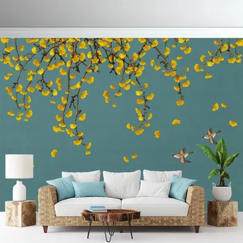 Златни и сребърни листа, кайсия, цветя и птици, индивидуални 3D стенни тапети, самозалепващи се тапети, хол, спалня, sof Изображение