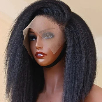 Кратък перука от светли Яки преки синтетични косми на дантели за черни жени, высокотемпературное влакна, плочки от линията на растеж на косата Изображение