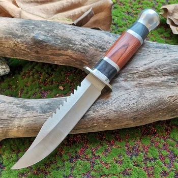 Ловен Нож с Тактически дървена дръжка с Фиксирано острие - 7Cr13Mov Инструмент за Оцеляване за Къмпинг и активна почивка с Ножнами Изображение