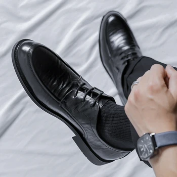 Луксозни Черни Кожени Обувки за Мъже, Бизнес Меки Модела обувки с ниски Берцем, Мъжки Сватбени Модни Леки Обувки за шофиране, Мъжки Вечерни Изображение