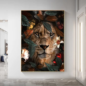 Лъв, Тигър с цветя и листа, живопис върху платно, постери с мультяшными животни в скандинавски стил и щампи, стенно изкуство за всекидневната, Декорация на дома Изображение
