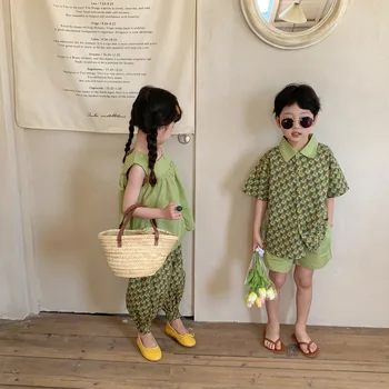 Лято 2023, е един и същ облекло за момичета и момчета, Шорти с цветен модел за брат и сестра, 2 броя, костюм за близнаци, братя и сестри, детски комплекти Изображение