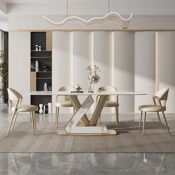 Маса за хранене в италиански стил от каменна дъски, модерен и лесен, висококачествени ярки правоъгълен домакински дизайнер, творчески маса за хранене Изображение