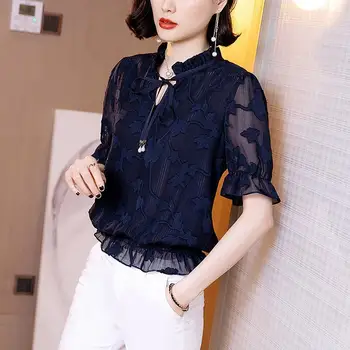 Модерна блуза с V-образно деколте и цветисти принтом, дамски дрехи за пътуване до работа, ежедневни лятна риза с лък експозиции, риза с къс ръкав и накъдрена талия Изображение