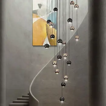 Модерна минималистичная стълба, висока полилей За вътрешната вили, на две нива всекидневна, трапезария, алуминиева топка, led окачен лампа Изображение
