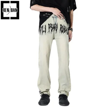 Модни реколта дънкови панталони High Street Оверсайз в стил хип-хоп, дънкови панталони в стил ретро с писмото принтом, Голям размер 5XL Изображение