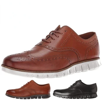 Мъжки кожени обувки в бизнес стил, удобен за бизнес ежедневни обувки с кръгло бомбе, ежедневни нескользящая обувки с мека подметка за по-големи размери Изображение