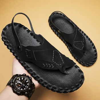 Мъжки летни нови маркови модни ежедневни сандали изработени ръчно, удобни меки чехли, дишаща кожена обувки за почивка на открито Изображение