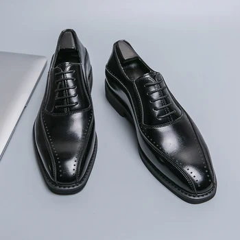 Мъжки обувки-дерби, кафяв, черен бизнес обувки с квадратни пръсти на дантела-за мъже, Безплатна доставка, Размер 38-46, мъжки обувки Изображение