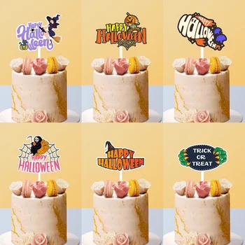 Нови акрилни топперы за торта с шарени Щастлив Хелоуин, вещица, паяк, тиква, топперы за печене на торта за Хелоуин, украса за торта Изображение